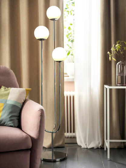 Modern 3-Globe Floor Lamp – Chrome Finish with Opal Glass Shades