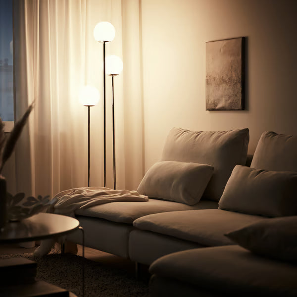Modern 3-Globe Floor Lamp – Chrome Finish with Opal Glass Shades