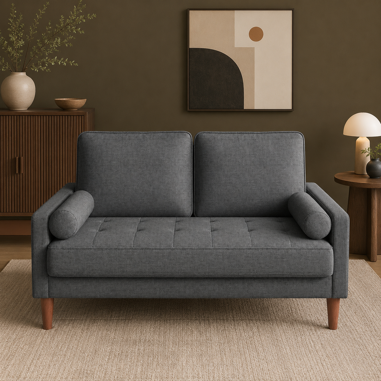 GoFurnitureHub Mid-Century Modern 2-Seater Sofa with Throw Pillow