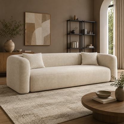 GoFurnitureHub Luxury Curved Velvet Sofa – Modern 3-Seater Minimalist Couch, Cream
