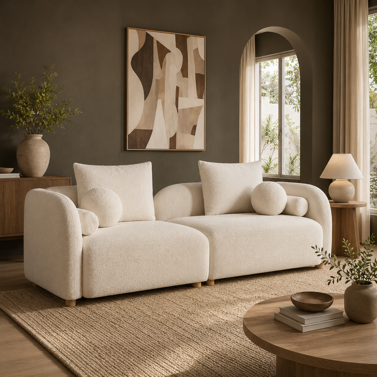 GoFurnitureHub 91.75" Curved Bouclé Sofa – Modern 3-Seater Cloud Couch with Wood Legs & Pillows