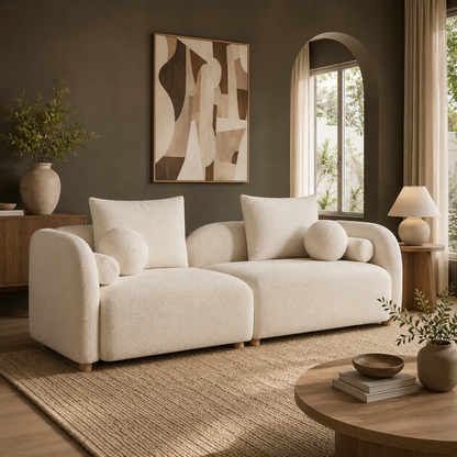 GoFurnitureHub 91.75" Curved Bouclé Sofa – Modern 3-Seater Cloud Couch with Wood Legs & Pillows