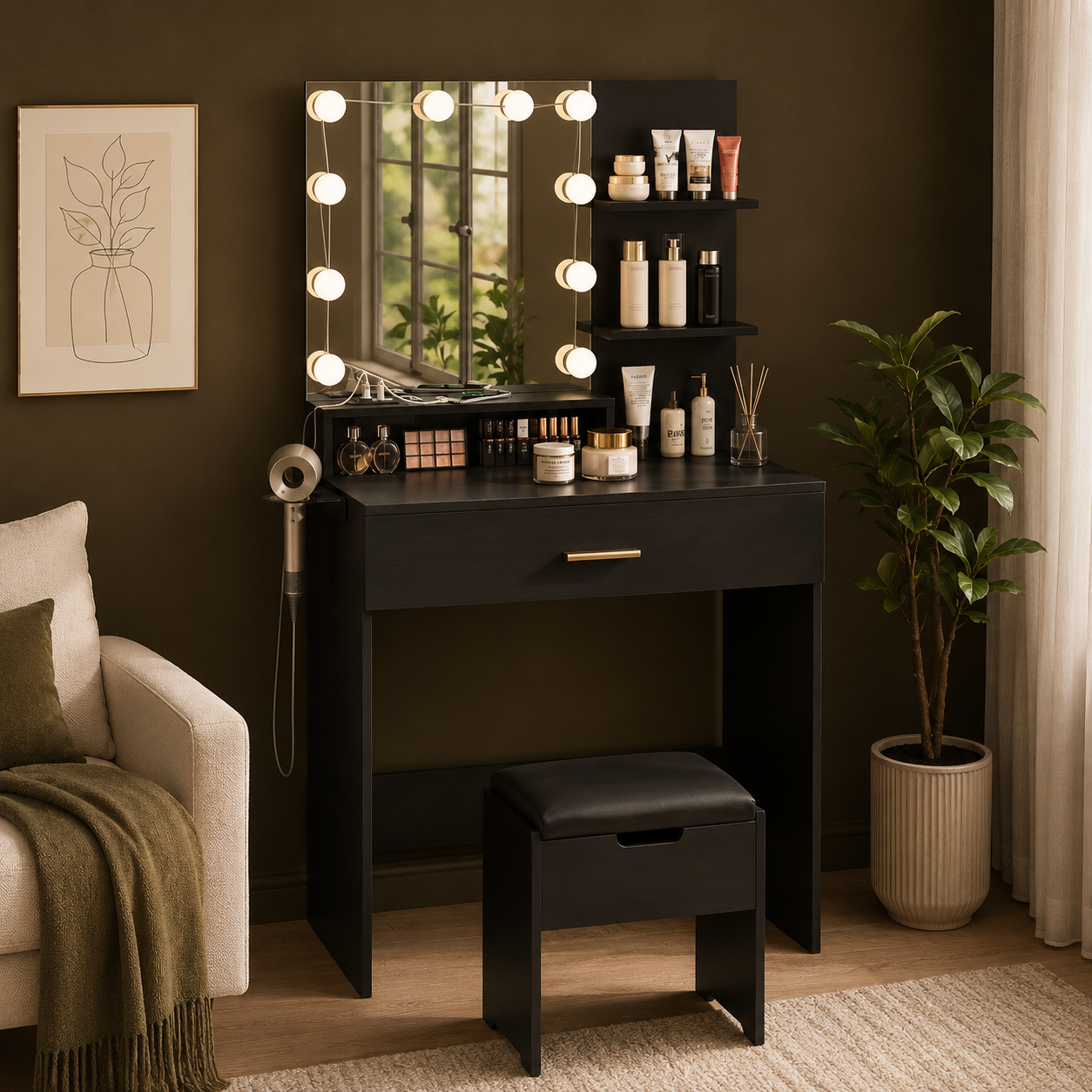 GoFurnitureHub Small Black Vanity Desk with LED Mirror, Storage Chair & Power Outlet – Makeup Vanity Set with Adjustable Lights