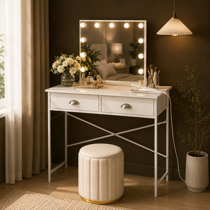 GoFurnitureHub 31.5" Small Vanity Desk with Drawers – White Makeup Dressing Table for Compact Spaces (No Mirror)
