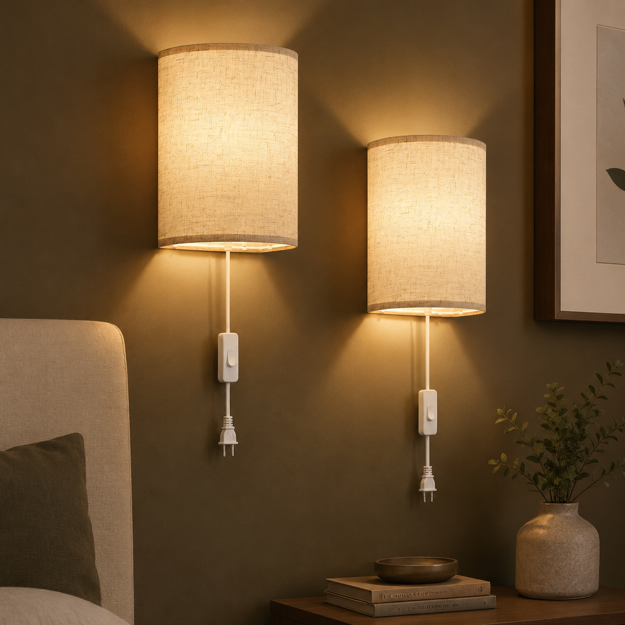 GoFurnitureHub Plug-In Wall Sconces with Linen Shades – Set of 2