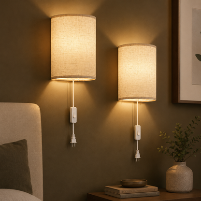 GoFurnitureHub Plug-In Wall Sconces with Linen Shades – Set of 2