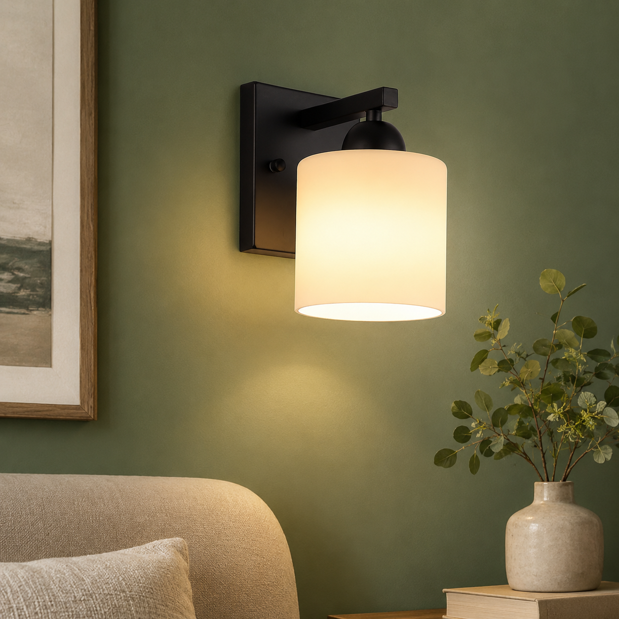 GoFurnitureHub Modern Black Wall Sconce with Milk Glass Globe